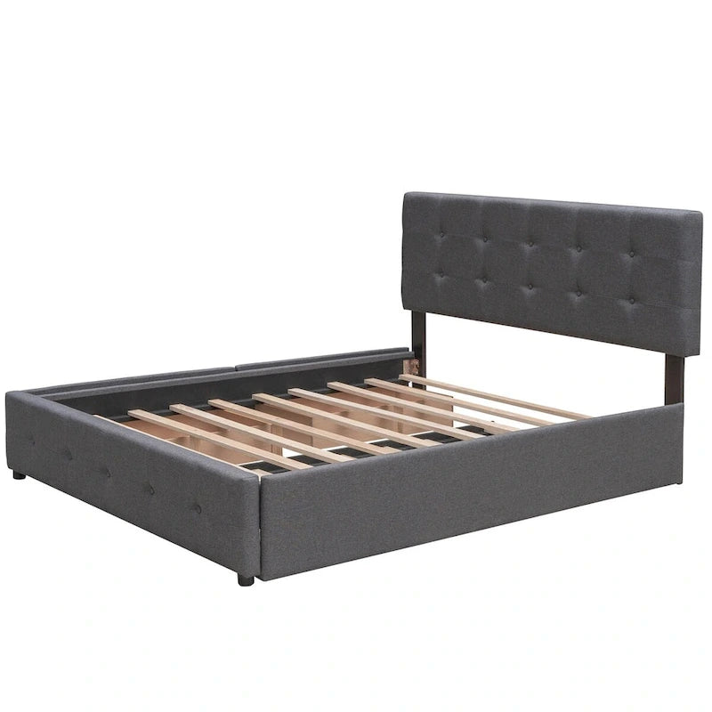 Lit plateforme Queen Size en tissu de lin avec 2 tiroirs et lit gigogne Twin XL