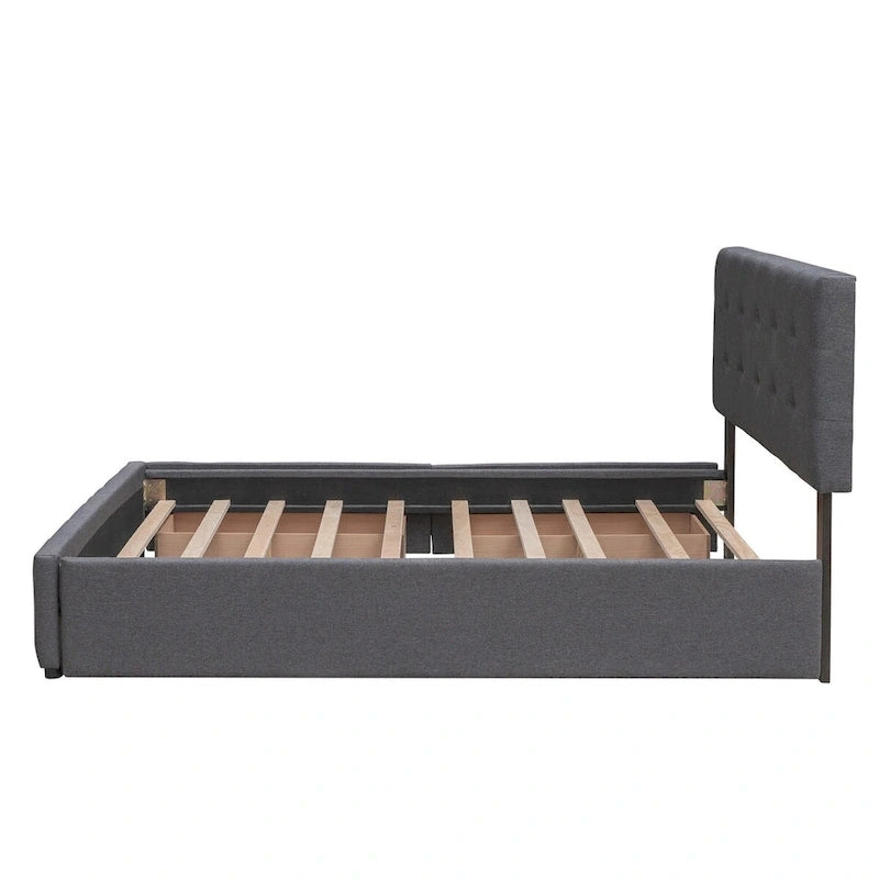 Lit plateforme Queen Size en tissu de lin avec 2 tiroirs et lit gigogne Twin XL