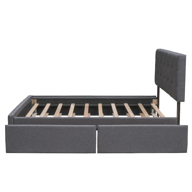 Lit plateforme Queen Size en tissu de lin avec 2 tiroirs et lit gigogne Twin XL