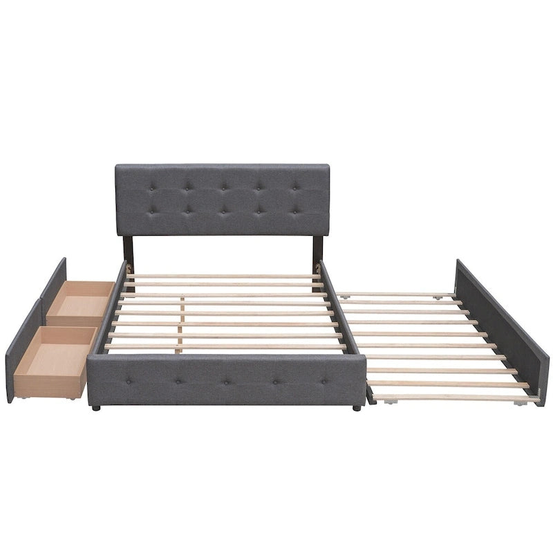 Lit plateforme Queen Size en tissu de lin avec 2 tiroirs et lit gigogne Twin XL
