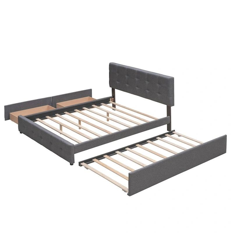 Lit plateforme Queen Size en tissu de lin avec 2 tiroirs et lit gigogne Twin XL