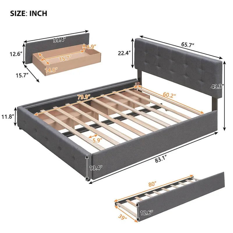 Lit plateforme Queen Size en tissu de lin avec 2 tiroirs et lit gigogne Twin XL