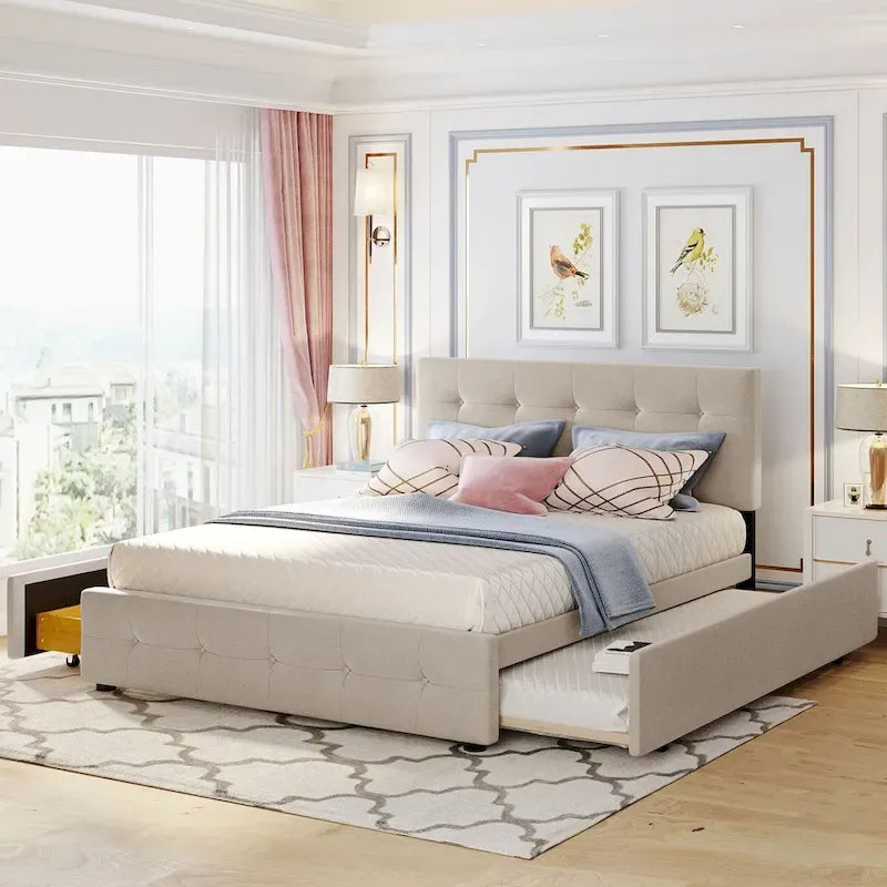 Lit plateforme Queen Size en tissu de lin avec 2 tiroirs et lit gigogne Twin XL