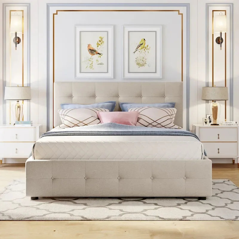 Lit plateforme Queen Size en tissu de lin avec 2 tiroirs et lit gigogne Twin XL