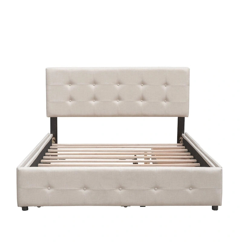 Lit plateforme Queen Size en tissu de lin avec 2 tiroirs et lit gigogne Twin XL