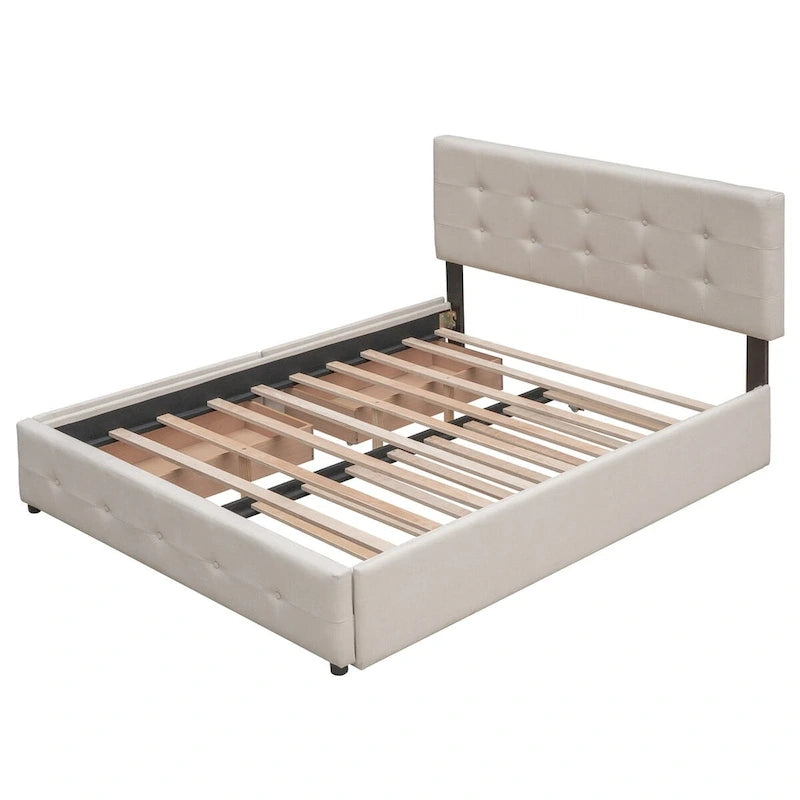 Lit plateforme Queen Size en tissu de lin avec 2 tiroirs et lit gigogne Twin XL
