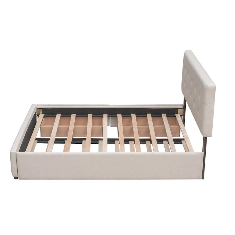 Lit plateforme Queen Size en tissu de lin avec 2 tiroirs et lit gigogne Twin XL