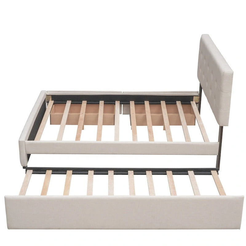 Lit plateforme Queen Size en tissu de lin avec 2 tiroirs et lit gigogne Twin XL