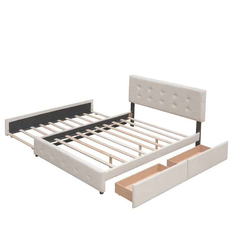 Lit plateforme Queen Size en tissu de lin avec 2 tiroirs et lit gigogne Twin XL