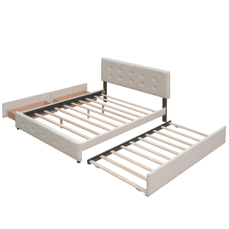 Lit plateforme Queen Size en tissu de lin avec 2 tiroirs et lit gigogne Twin XL