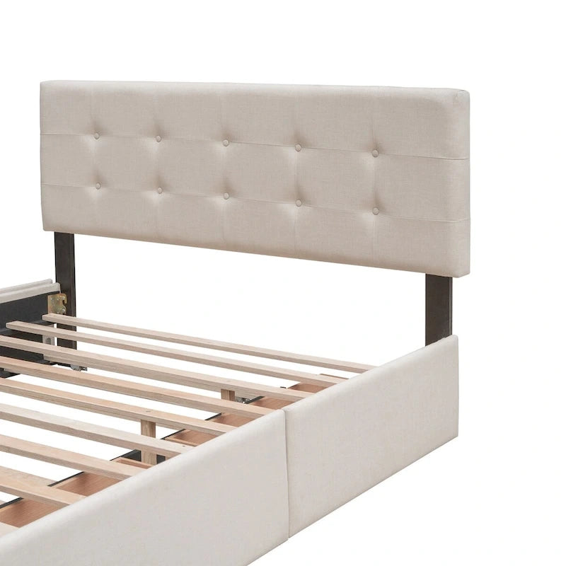 Lit plateforme Queen Size en tissu de lin avec 2 tiroirs et lit gigogne Twin XL