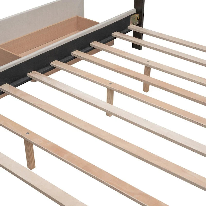 Lit plateforme Queen Size en tissu de lin avec 2 tiroirs et lit gigogne Twin XL