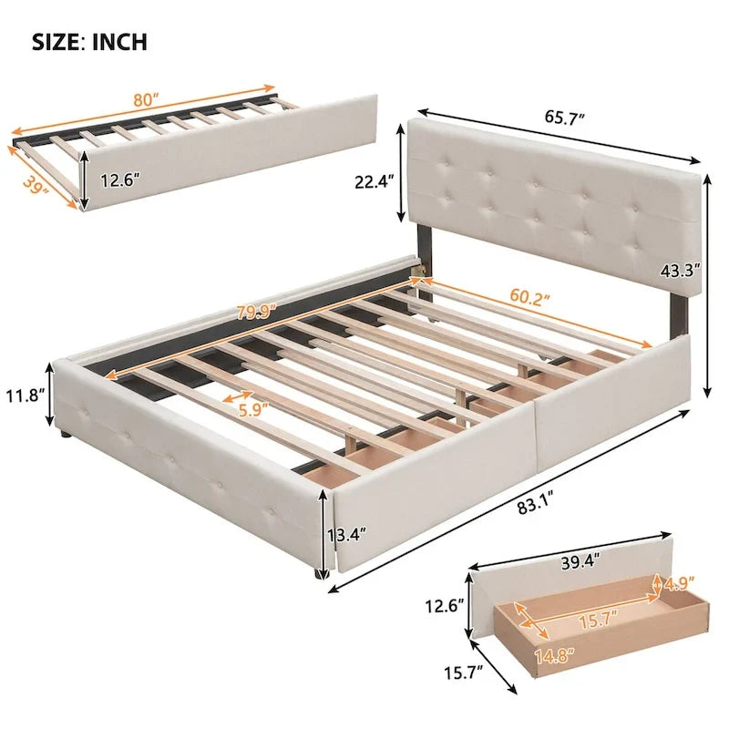 Lit plateforme Queen Size en tissu de lin avec 2 tiroirs et lit gigogne Twin XL