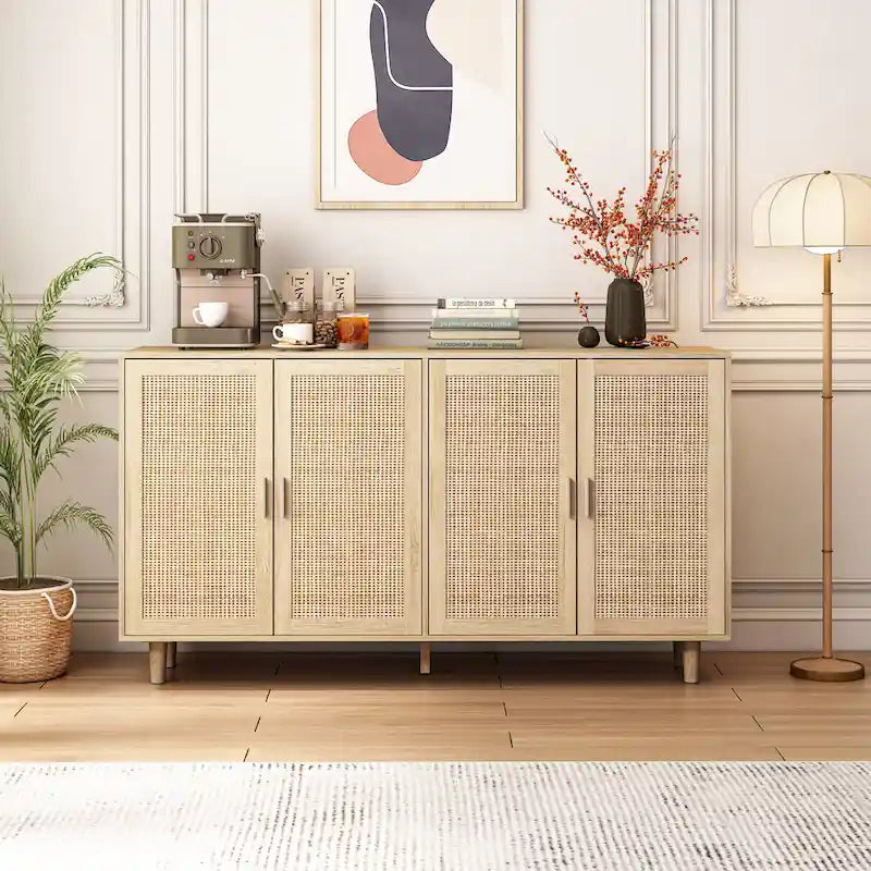 Buffet en rotin à 4 portes - 158 x 40 x 87 cm (L x P x H)