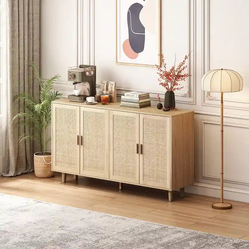 Buffet en rotin à 4 portes - 158 x 40 x 87 cm (L x P x H)