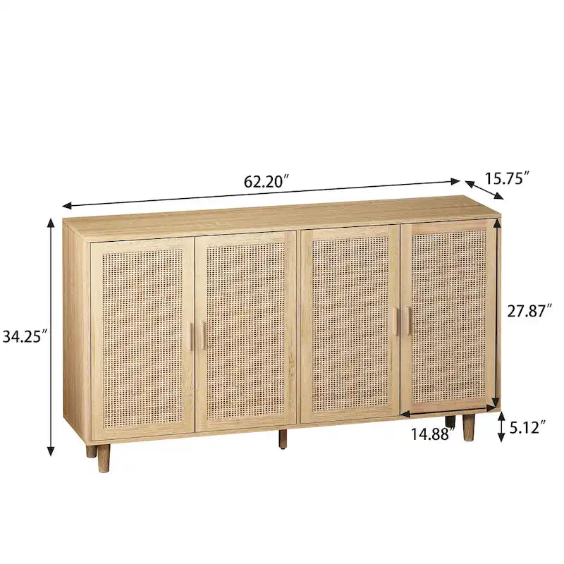 Buffet en rotin à 4 portes - 158 x 40 x 87 cm (L x P x H)