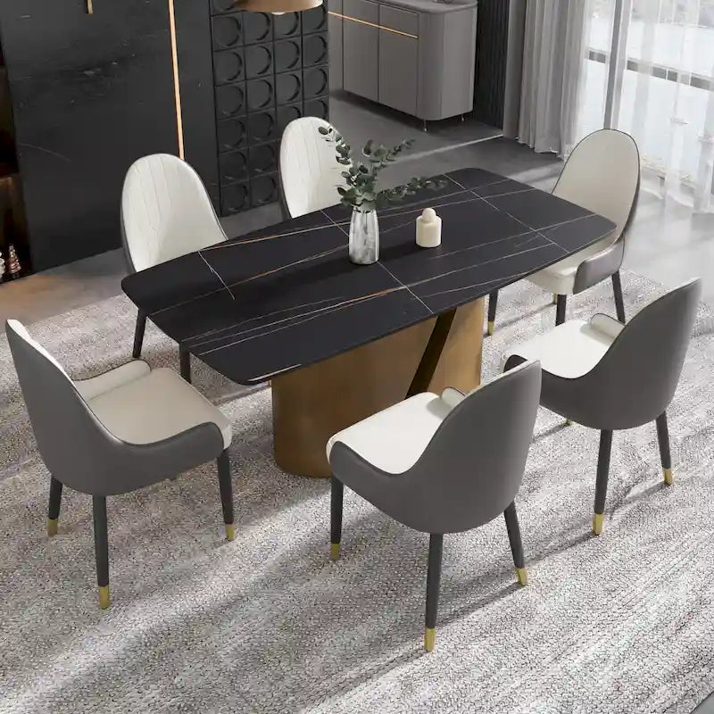 Table de salle à manger moderne en marbre avec plateau en pierre frittée et pieds en métal finition or