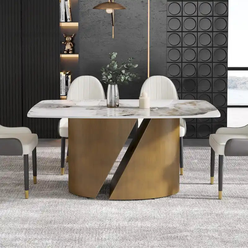 Table de salle à manger moderne en marbre avec plateau en pierre frittée et pieds en métal finition or