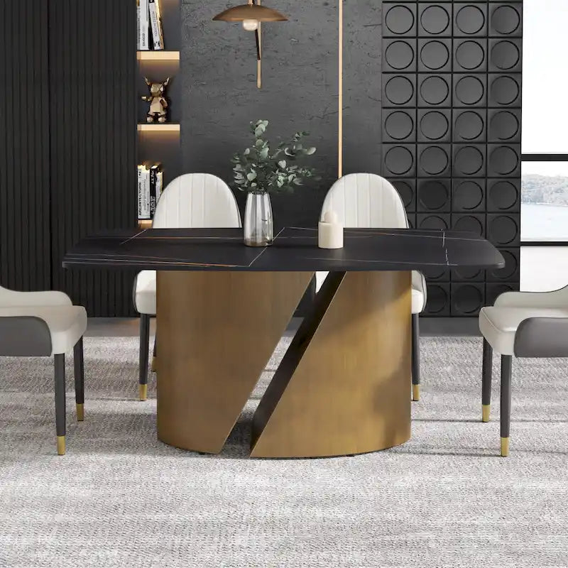 Table de salle à manger moderne en marbre avec plateau en pierre frittée et pieds en métal finition or