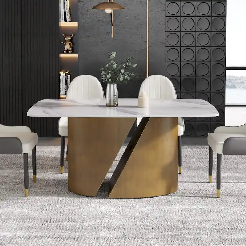 Table de salle à manger moderne en marbre avec plateau en pierre frittée et pieds en métal finition or