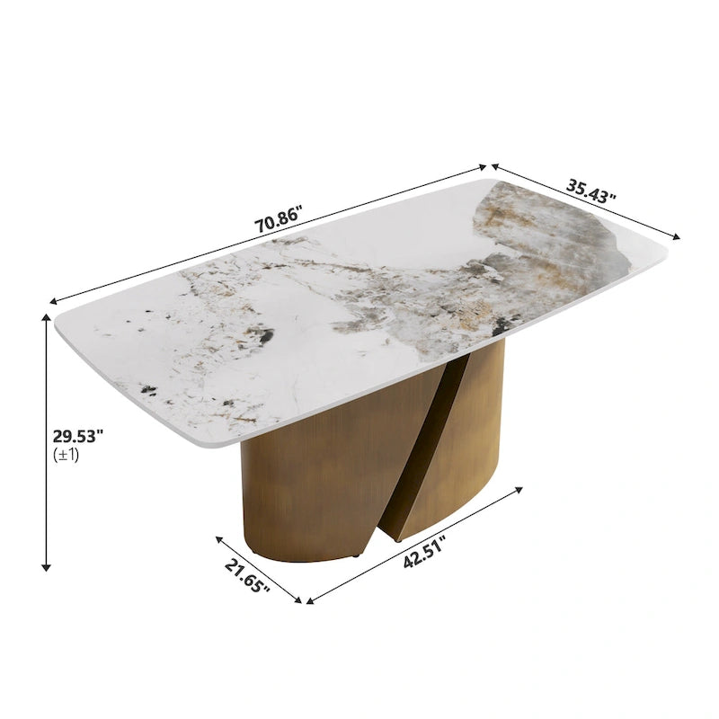 Table de salle à manger moderne en marbre avec plateau en pierre frittée et pieds en métal finition or