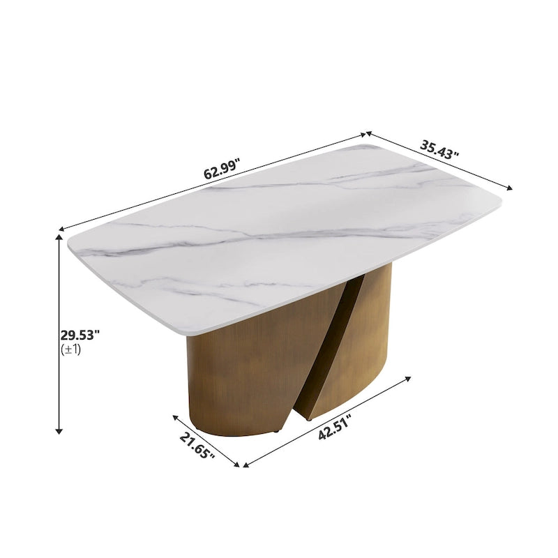 Table de salle à manger moderne en marbre avec plateau en pierre frittée et pieds en métal finition or