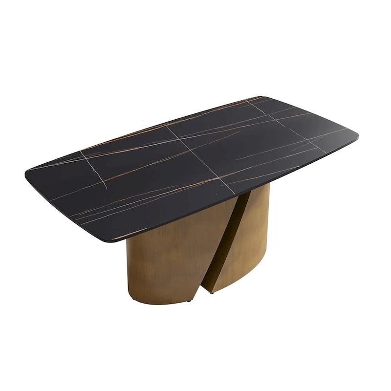Table de salle à manger moderne en marbre avec plateau en pierre frittée et pieds en métal finition or