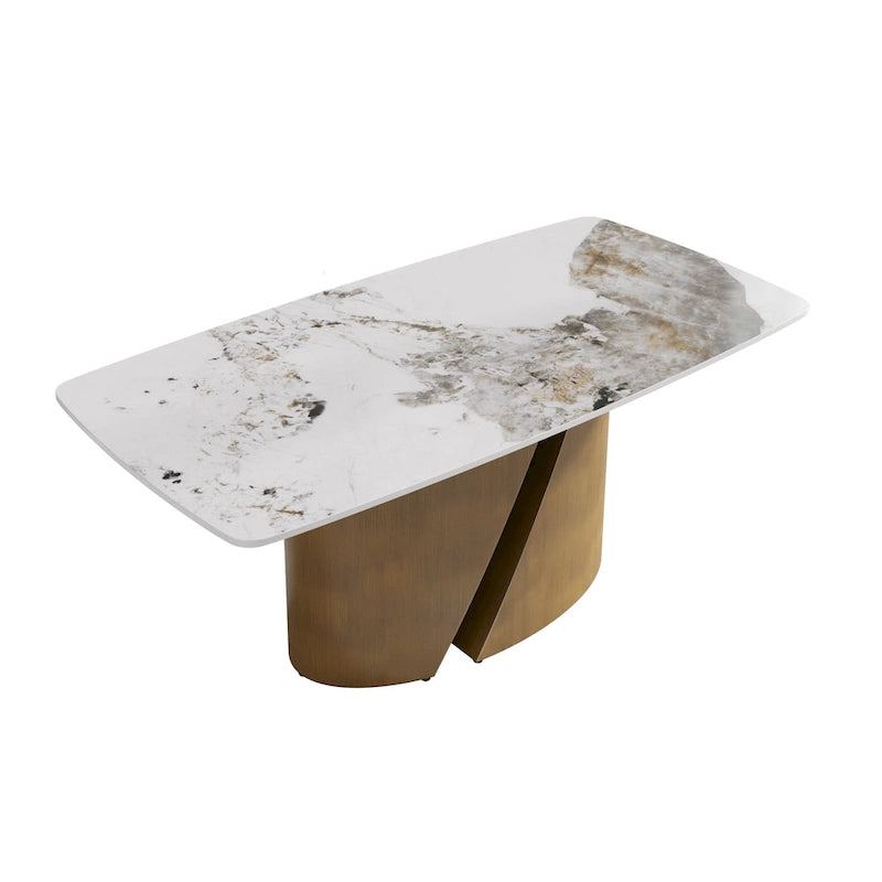 Table de salle à manger moderne en marbre avec plateau en pierre frittée et pieds en métal finition or