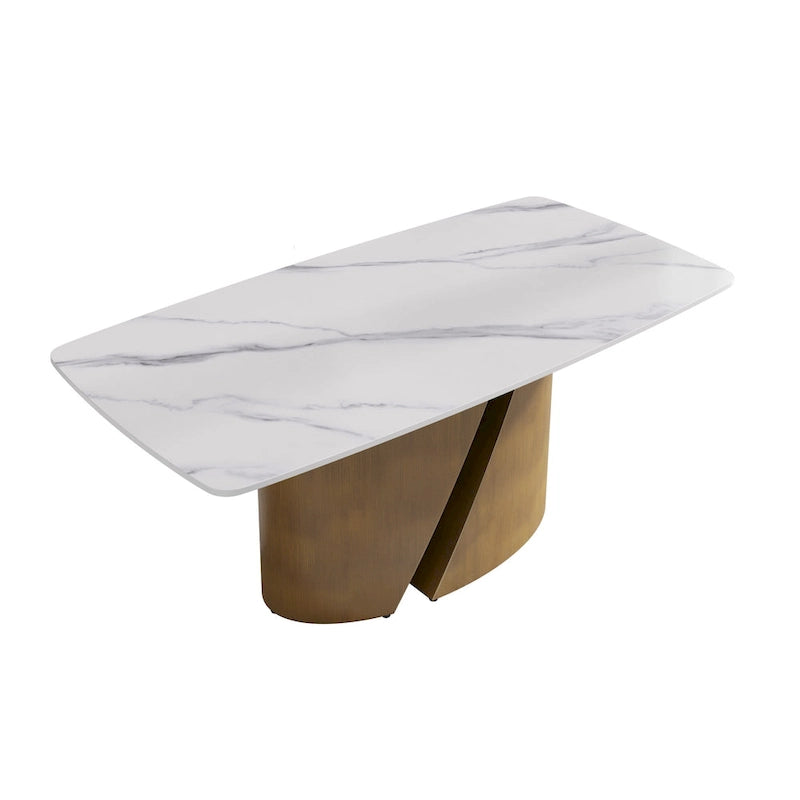 Table de salle à manger moderne en marbre avec plateau en pierre frittée et pieds en métal finition or