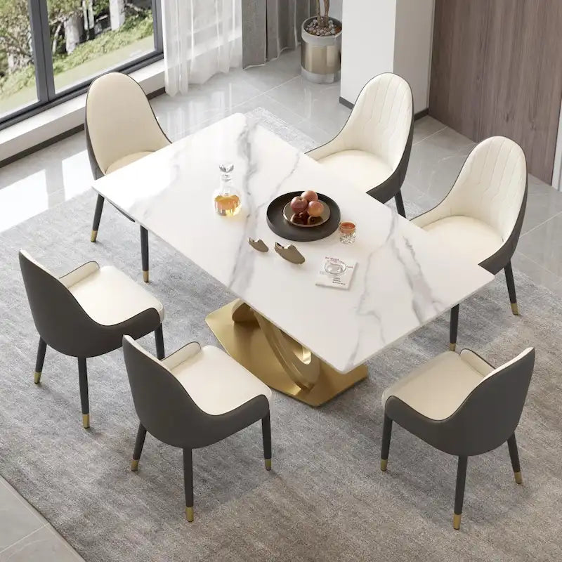 Table à manger 70 en pierre frittée blanche avec pied piédestal doré en acier inoxydable